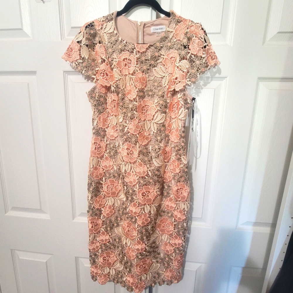 Women Dress, Calvin Klein, Lace, Peach & Cream Color, Size 8